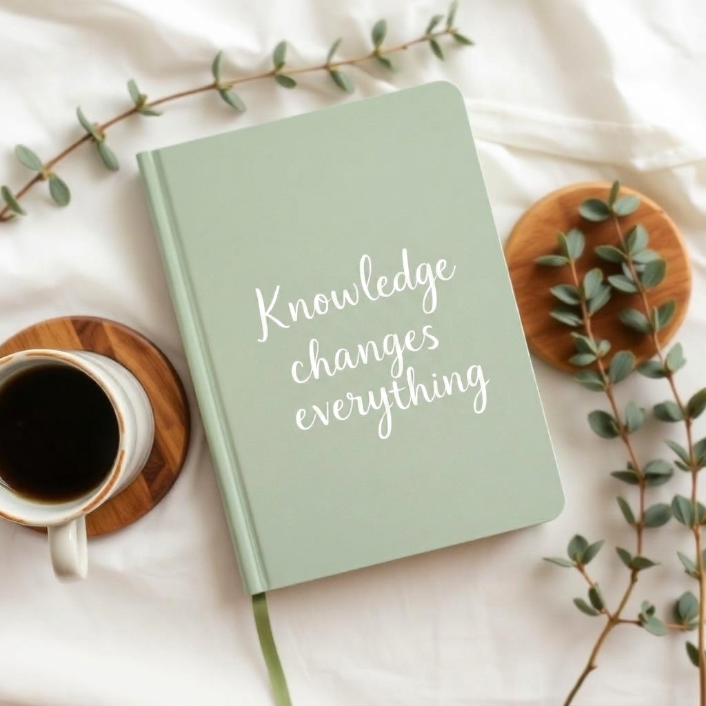 Journal reading 'Knowledge changes everything' beside a cup of coffee